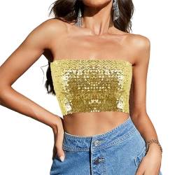 Segreto Damen Glitzer Pailletten Tube Top Sexy Ärmellos Vintage Bandeau Top Meerjungfrauen Trägerlos Crop Top Gold von Segreto