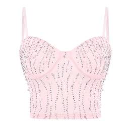 Segreto Damen Perlen Strass Crop Top Diamant Ärmellos Spaghettiträger Glitzer Trägertop Grundlegend Tank Tops Cami Weste Club Party Rosa von Segreto