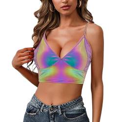 Segreto Damen Reflektierende Regenbogen Weste Spaghettiträger Ärmellos V-Ausschnitt Crop Tank Top Frauen Festival Rave Outfit Party von Segreto