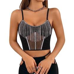 Segreto Damen Sexy Strass Fransen Ärmellos Crop Top Bling Diamant Quaste V-Ausschnitt Spaghettiträger Oberteil Tank Tube Tops Camisole Schwarz von Segreto