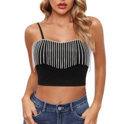 Segreto Damen Sexy Strass Quaste Ärmellos Crop Top Bling Diamant Fransen V-Ausschnitt Spaghettiträger Oberteil Tank Tube Tops Camisole von Segreto