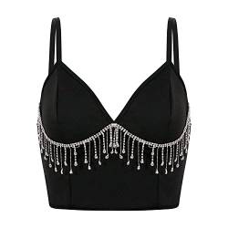 Segreto Damen Strass Quaste Tank Top V-Ausschnitt Diamant Fransen Ärmellos Spaghettiträger Trägertop Sexy Crop Top Bustier Camisole Schwarz von Segreto