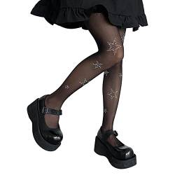 Segreto Damen Strass Sterne Muster Strumpfhose 15 DEN Hohe Taille Glänzende Seidenfein Komfortbund Transparent Reißfest Schwarz Strumpfhosen von Segreto