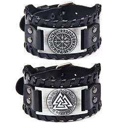 Sehaby 2 Stück Wikinger-Armband, Silbernes Runen Kompass-Armband, Handgemachtes Lederarmband, Odin Dreiecksarmband, Vintage Wide Cuff Wristband Armreif, Fashion Armband für Damen Herren von Sehaby