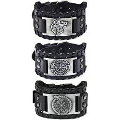 Sehaby 3 Stücke Schwarz Wikinger Leder Armbänder Nordischer Wolf Kopf Armreifen Vintage Runenkompass Armbänder Mittelalter Drachen Kopf Kompass Armbänder für Damen Herren, One Size, Metall von Sehaby