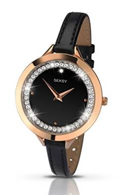 Seksy by Sekonda Rose Gold Stone Set mit schwarzem Lederband von Seksy