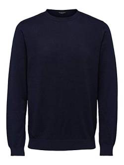 Herren Selected Rundhals Pullover | Einfarbiges Feinstrick Langarm Shirt SLHBERG | Baumwolle Sweater, Farben:Navy, Größe Pullover:XL von SELECTED HOMME