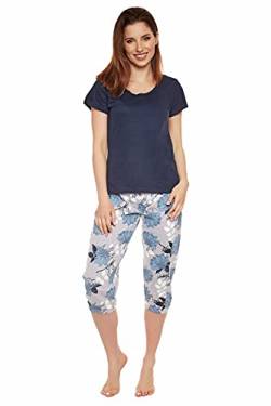 Moonline moderner und bequemer Damen Capri-Pyjama, aus 100% weicher Baumwolle, Capri-Navy-Blumen, Gr. M von Selente