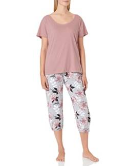 Moonline moderner und bequemer Damen Capri-Pyjama, aus 100% weicher Baumwolle, Capri-rosa-Blumen, Gr. M von Selente