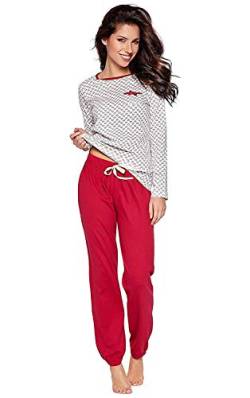 Moonline moderner und bequemer Damen Schlafanzug, aus 100% weicher Baumwolle, Creme-rot-Herzchen, Gr. S von Selente