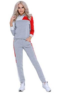 Selente #Fashionista Damen Trainingsanzug Hausanzug, mit Kapuze Gr. S, Grau/Weiß/Rot von Selente