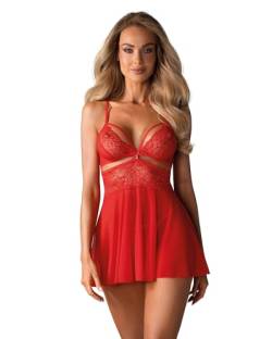 Selente Love & Fun verführerisches 3-teiliges Damen Nachtwäsche-Set aus Negligee/Babydoll, Tanga & Satin-Augenbinde, Made in EU (L/XL, Rot-Riemchen) von Selente