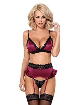 Selente Love & Fun verführerisches 4-teiliges Damen Dessous-Set aus BH, Strapsgürtel, Tanga & Satin-Augenbinde, Made in EU, Magenta, Gr. L/XL von Selente