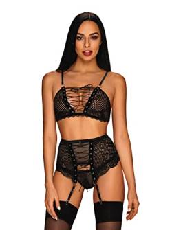 Selente Love & Fun verführerisches 5-teiliges Damen Dessous-Set aus BH, Strapsgürtel, Tanga & Satin-Augenbinde, Made in EU (L/XL, schwarz-Nieten) von Selente