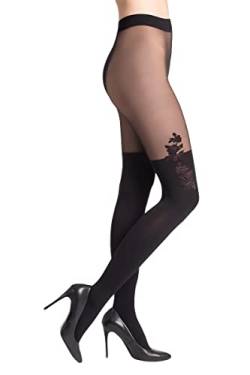 Selente Lovely Legs Damen Strumpfhose in Strapsstrumpf-Optik, made in EU, Schwarz-Blumenmuster, Gr. L von Selente