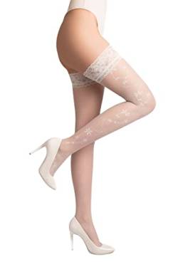 Selente Lovely Legs Damen halterlose Strümpfe, made in EU, Halterlos-Weiß-Blumenmuster, Gr. M-L von Selente