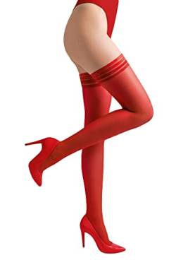 Selente Lovely Legs Damen halterlose Strümpfe mit breiter Spitze, made in EU, Halterlos-Rot-gestreifter Saum, Gr. M-L von Selente