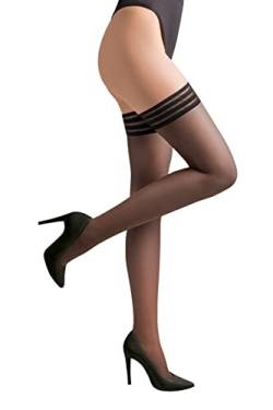 Selente Lovely Legs Damen halterlose Strümpfe mit breiter Spitze, made in EU, Halterlos-Schwarz-gestreifter Saum, Gr. XS-S von Selente