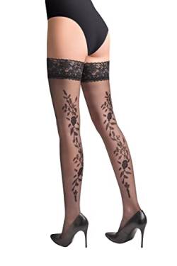 Selente Lovely Legs halterlose Damen Strümpfe, made in EU, Halterlos-Schwarz-Blumenmuster, Gr. M/L von Selente