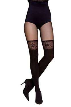 Selente Lovely Legs raffinierte Damen Strumpfhose in Strapsstrumpf-Optik, schwarz-florales Muster, Gr. L von Selente