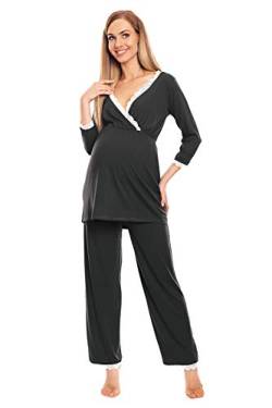 Selente Mummy Love 0136 Umstands-Schlafanzug (Made in EU) Pyjama/Nachtwäsche-Set für die Schwangerschaft und Stillzeit, Dunkelgrau mit Spitze, Gr. S-M von Selente