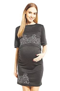 Selente Mummy Love Damen Umstandskleid (Made in EU) Schwangerschaftskleid mit Stillfunktion, mit Stickerei Kurzarm Dunkelgrau, Gr. S-M von Selente