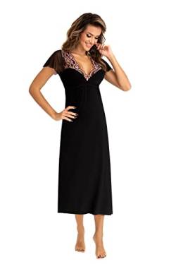 Selente Sweet Dreams Damen Elegantes langes Negligee/Nachthemd (Made in EU) mit edler Spitze, Lang Kurzarm Schwarz/Rosa, Gr. 38 von Selente