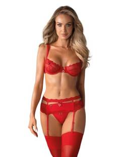 Selente edles Damen Unterwäsche-Set mit BH, Slip, Strapsgürtel und Satin-Augenbinde, Made in EU, S-M, Rot-Spitze von Selente