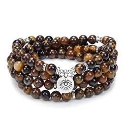 108 Mala Gebetsperlen Armband Halskette mit dem Bösen Auge des Schutzes Charm Viel Glück Yoga Schmuck (Braunes Tigerauge (Brown Tiger's Eye)) von Self-Discovery Mala