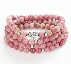 108 Mala-Stein-Perlen-Halsketten-Wrap-Handgelenk-Armband mit Elefanten-Charme-handgemachtes Schmuck-Geschenk (Rosa Rhodonit (Pink Rhodonite)) von Self-Discovery Mala