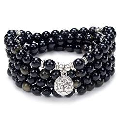 Baum des Lebens Charm 108 Mala Gebetsperlen Armband Heilung Beruhigende Mala Halskette für Yoga Meditationspraxis (Gold Obsidian (Goldener Obsidian)) von Self-Discovery Mala