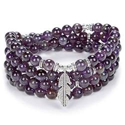 Inspirierendes Yoga-Perlen-Armband 108 Mala-Stein-Halskette mit zierlichem Glücksfeder-Anhänger (Lila Amethyst (Purple Amethyst)) von Self-Discovery Mala
