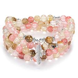 Inspirierendes Yoga-Perlen-Armband 108 Mala-Stein-Halskette mit zierlichem Glücksfeder-Anhänger (Rosa Wassermelonenturmalin (Pink Watermelon Tourmaline)) von Self-Discovery Mala