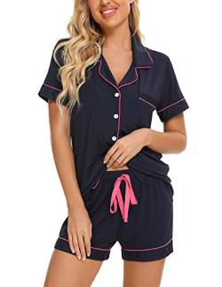 Samring Damen Pyjama Set Knopfleiste V-Ausschnitt Kurzarm Nachtwäsche Weiche Pj-Sets S-XXL - - Large von Senert