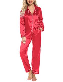 Senert Damen-Pyjama-Set, Seide, Satin, langärmelig, weiche Nachtwäsche, Knopfleiste, Loungewear-Set, S-XXL, rot, XL von Senert