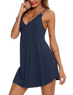 Senert Dessous für Frauen Nachthemden Sexy Pyjama Nachtwäsche Chemises V-Ausschnitt Full Slip Babydoll Nachthemd S-XXL, Cyanblau, Large von Senert