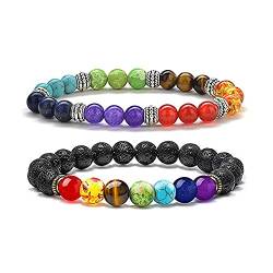 Senidea 2 Stück 7 Chakra Armband für Damen Herren, Meteorit Tigerauge Armband, Natürliche Energiesteinen Entspannung Yoga Armbänder, Meditation Armband Lavastein Stein Armband 8mm von Senidea