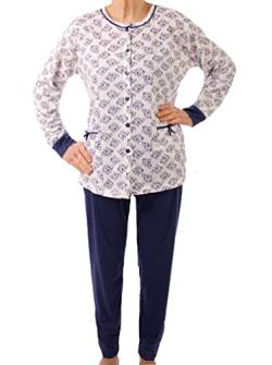 Seniorenmode24 Damen Senioren Oma Schlafanzug durchgeknöpft Größe 34 bis 52 mit Blumen mit Knöpfen kuschelig weich aus Baumwolle Hose mit Gummizug (44-46, dunkelblau) von Seniorenmode24