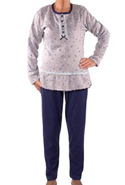 Seniorenmode24 Damen Senioren Oma Schlafanzug mit Blumen kuschelig weich aus Baumwolle Hose mit Gummizug ideal für pflegebedürftige Omas einfach anzuziehen und super pflegeleicht (grau/blau, 36/38) von Seniorenmode24