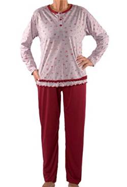 Seniorenmode24 Damen Senioren Oma Schlafanzug mit Blumen kuschelig weich aus Baumwolle Hose mit Gummizug ideal für pflegebedürftige Omas einfach anzuziehen und super pflegeleicht (grau/rot, 54/56) von Seniorenmode24