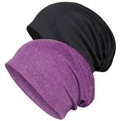Senker 2er-Pack Baggy Soft Cotton Slouchy Stretch Beanie Mütze Chemo Mützen für Damen und Herren, violett / schwarz, Large von Senker Fashion
