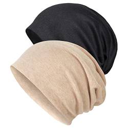 Senker Fashion 2 Stück Baumwolle Slouchy Beanie-Mützen, Chemo-Kopfbedeckungskappen für Damen und Herren, Schwarz/Khaki, Large von Senker Fashion