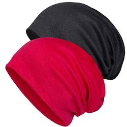Senker Baggy Soft Cotton Slouchy Stretch Beanie Mütze, Chemo Mützen für Damen und Herren, Schwarz/Rot, 2 Stück, schwarz/red, Einheitsgröße von Senker