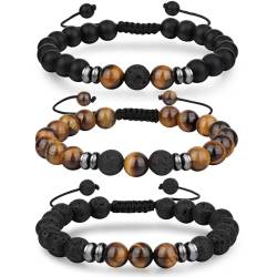 Senteria 3 Stück 8mm Perlen Armbänder für Herren Damen Tiger Eye Armbänder Armbänder aus Naturstein Lava Rock Vulkanstein Perlen Armband Einstellbar Yoga geflochtene Armbänder für Herren von Senteria