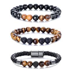 Senteria 3 Stück 8mm Perlen Armbänder für Herren Damen Tiger Eye Armbänder Armbänder aus Naturstein Lava Rock Vulkanstein Perlen Armband Yoga Leder Elatic Armbänder für Herren von Senteria