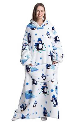 Extra lange tragbare Decke Hoodie, übergroße Decke Sweatshirt für Damen und Herren, super warme und gemütliche riesige Kapuzendecke, dicke Flanelldecke mit Ärmeln und riesiger Tasche, Pinguine, One von Seogva
