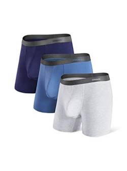 Separatec Herren Boxershorts Glattes Bambus-Rayon mit separaten Beuteln Unterwäsche Boxershorts Stilvolle Badehose, 3er-Pack,S,Lange Beine: Dunkelblau+ Graublau+ Hellgrau von Separatec