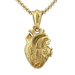 Serebra Jewelry 3D Anatomisches Herz Anhänger Halskette aus Edelstahl in Silber Schwarz Gold Damen Herren Unisex (Gold Klein) von Serebra Jewelry