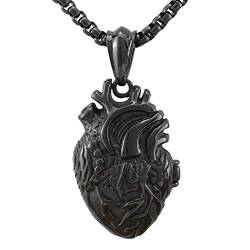Serebra Jewelry 3D Anatomisches Herz Anhänger Halskette aus Edelstahl in Silber Schwarz Gold Damen Herren Unisex (Schwarz Groß) von Serebra Jewelry