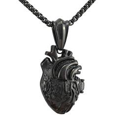 Serebra Jewelry 3D Anatomisches Herz Anhänger Halskette aus Edelstahl in Silber Schwarz Gold Damen Herren Unisex (Schwarz Klein) von Serebra Jewelry